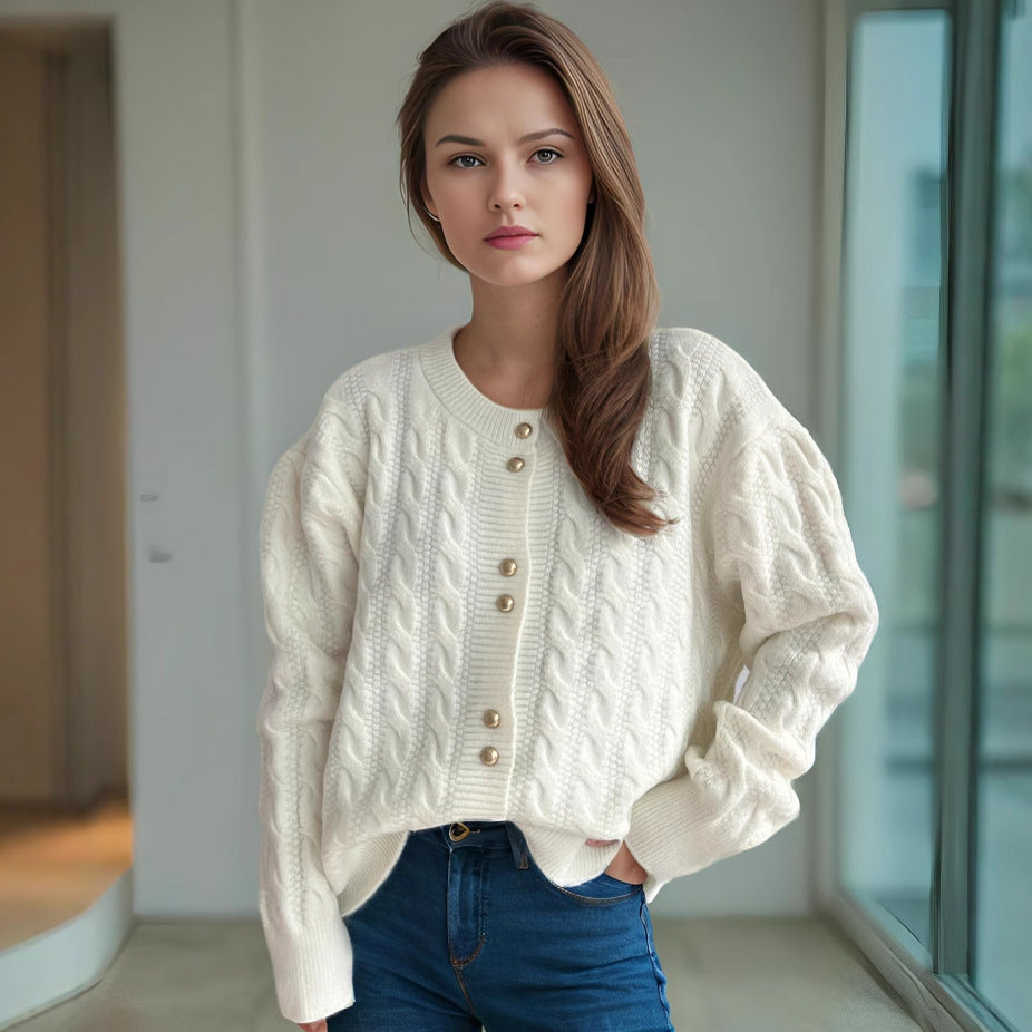 Damen Strickjacke Zopfmuster Perlenknöpfe Beige - Norvielle