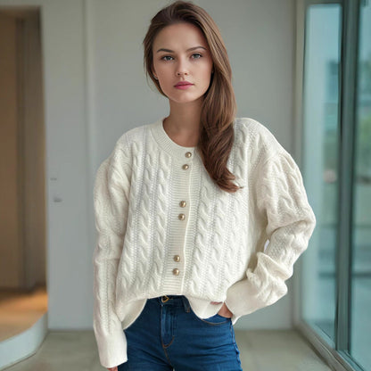 Damen Strickjacke Zopfmuster Perlenknöpfe Beige - Norvielle