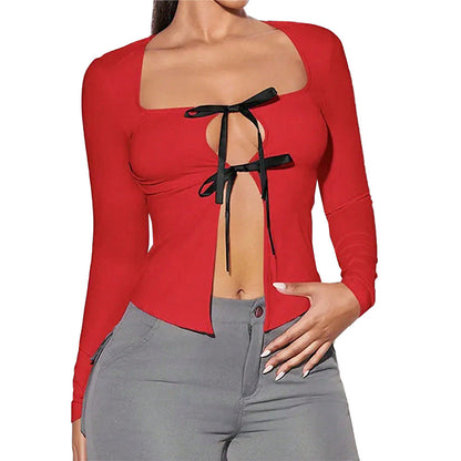 Damen Langarmshirt mit V-Ausschnitt und Schleifen
