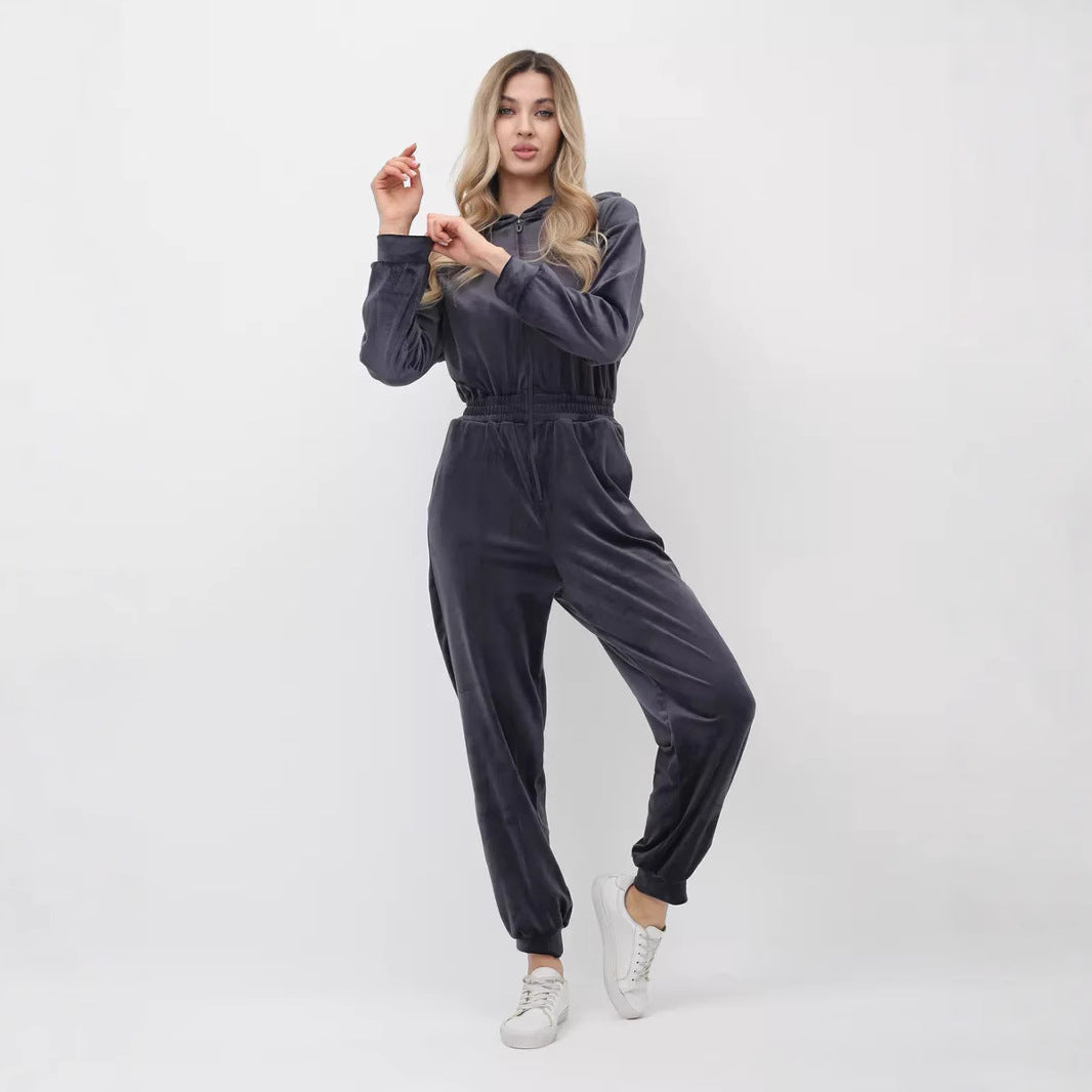 Damen Velours-Jumpsuit mit Kapuze elastisch Norvielle