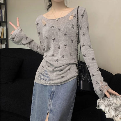 Damen Langarmshirt Risse Verspielt Motiv Norvielle