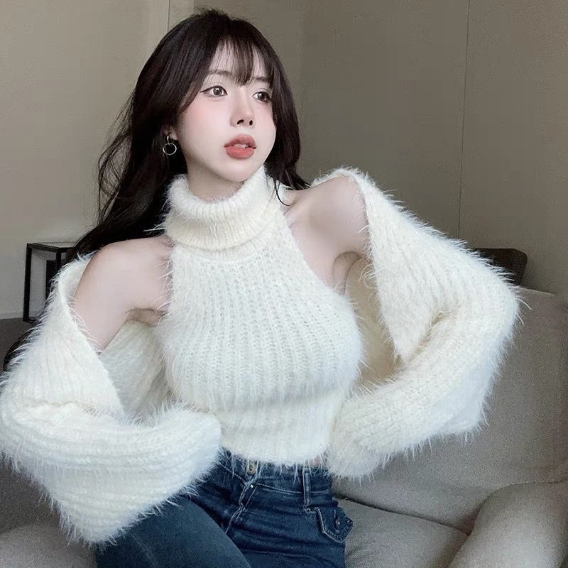 Damen Rollkragenpullover Puffärmel Norvielle