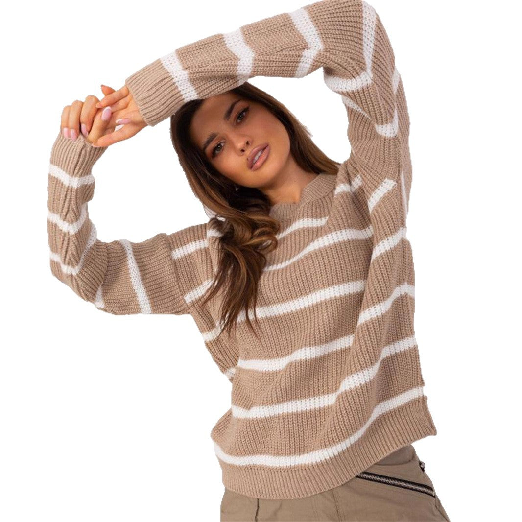 Damen Grobstrickpullover Rundhalsausschnitt Lässiges Streifenmuster