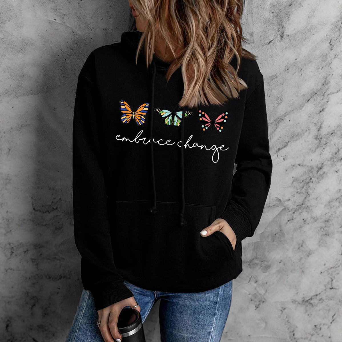 Damen Kapuzenpullover Schmetterlingsmotiv Baumwolle Weiss - Norvielle