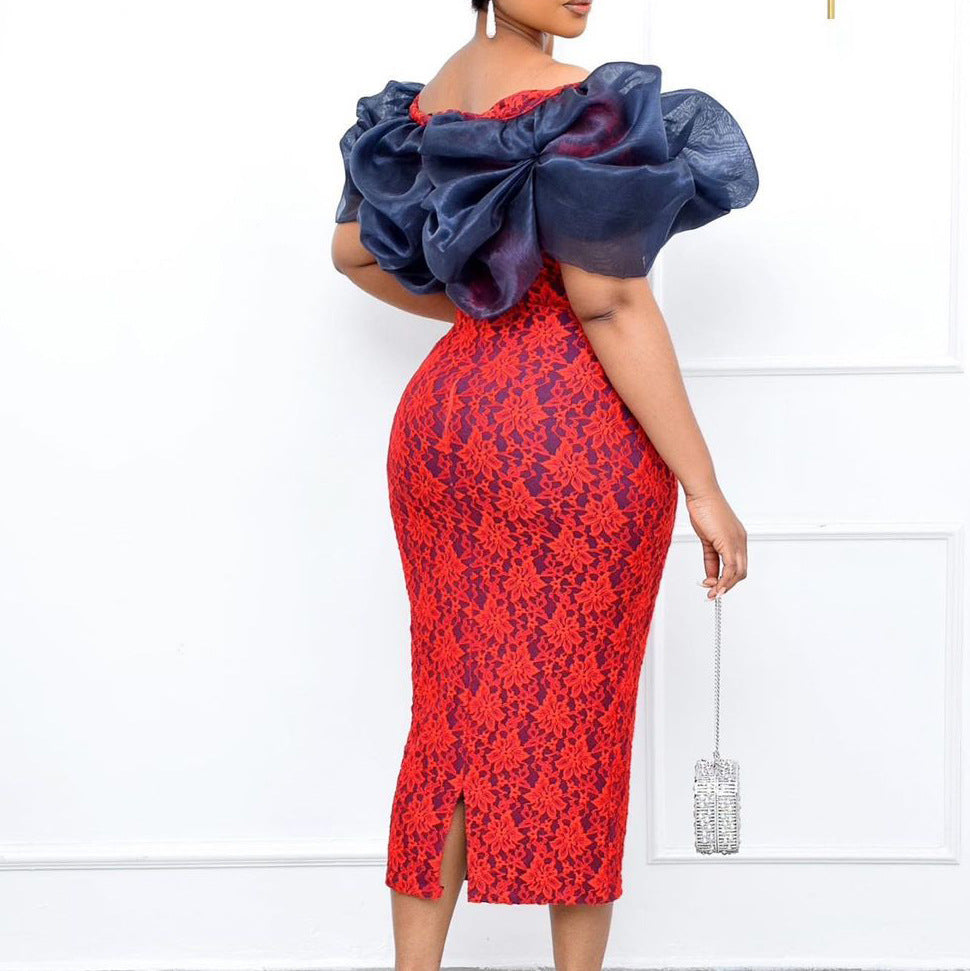 Damen Cocktailkleid Puffärmel Floralmuster