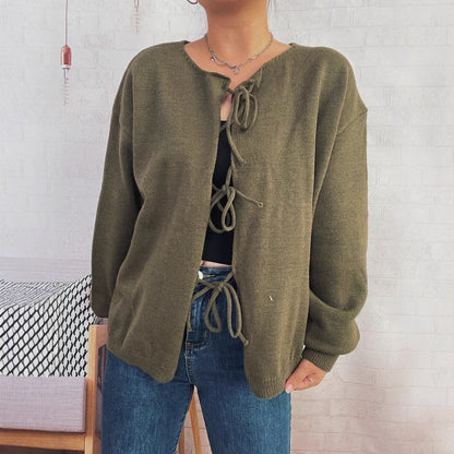 Damen Strickcardigan Lässig Kordelzug Offene Vorderseite Beige
