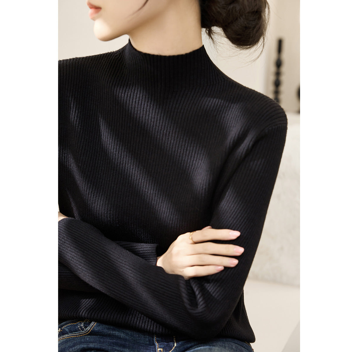 Damen Rollkragenpullover Strukturiert Kontrastärmel Norvielle