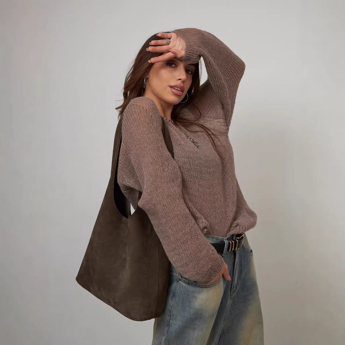 Damen Pullover Weiches Material Lässiger Look Beige