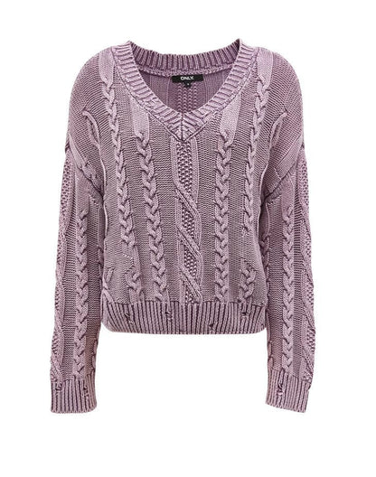 Damen Grobstrickpullover V-Ausschnitt Zopfmuster Norvielle