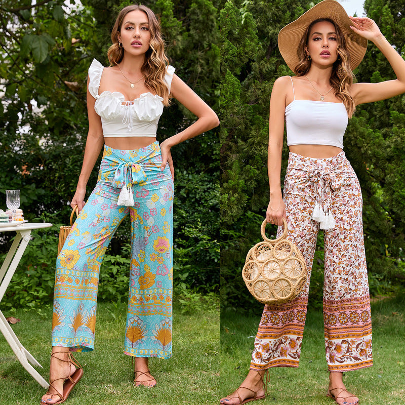 Damen Palazzo-Hose Floralmuster Taillengürtel Norvielle - Norvielle