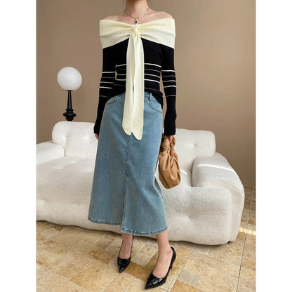 Damen Oberteil Off-Shoulder Design mit Bindegürtel Norvielle