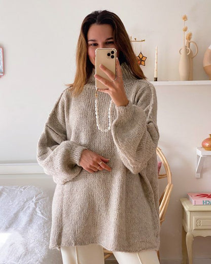 Damen Oversized Strickpullover Hochkragen Ballonärmel