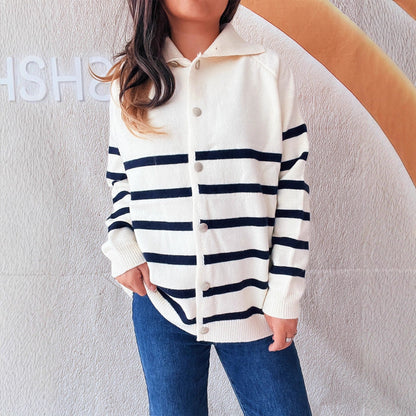 Damen Strickcardigan Gestreift Kapuze Knöpfe Beige - Norvielle