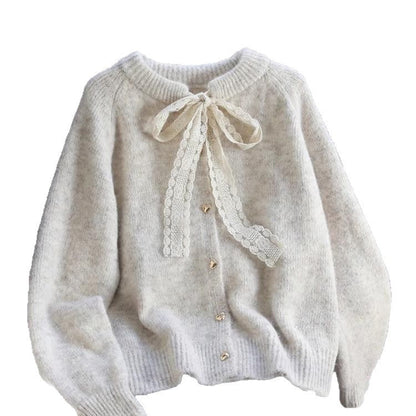 Damen Strickjacke Kuschelig Herzknopf Schleifenakzent Norvielle