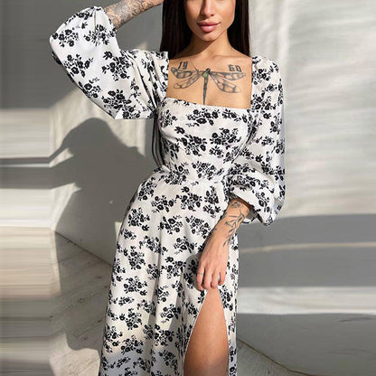 Damen Maxikleid Langärmlig Rüschen Floralmuster Norvielle