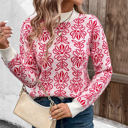 Damen Strickpullover Floralmuster Stehkragen Norvielle
