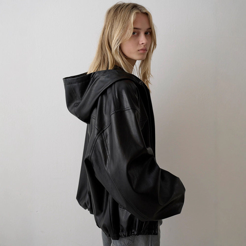 Damen Kunstlederjacke mit Kapuze