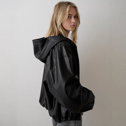 Damen Kunstlederjacke mit Kapuze