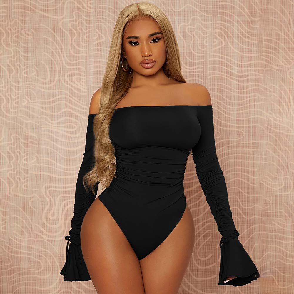 Damen Off-Shoulder Bodysuit Rüschendetails Lange Ärmel Norvielle - Norvielle