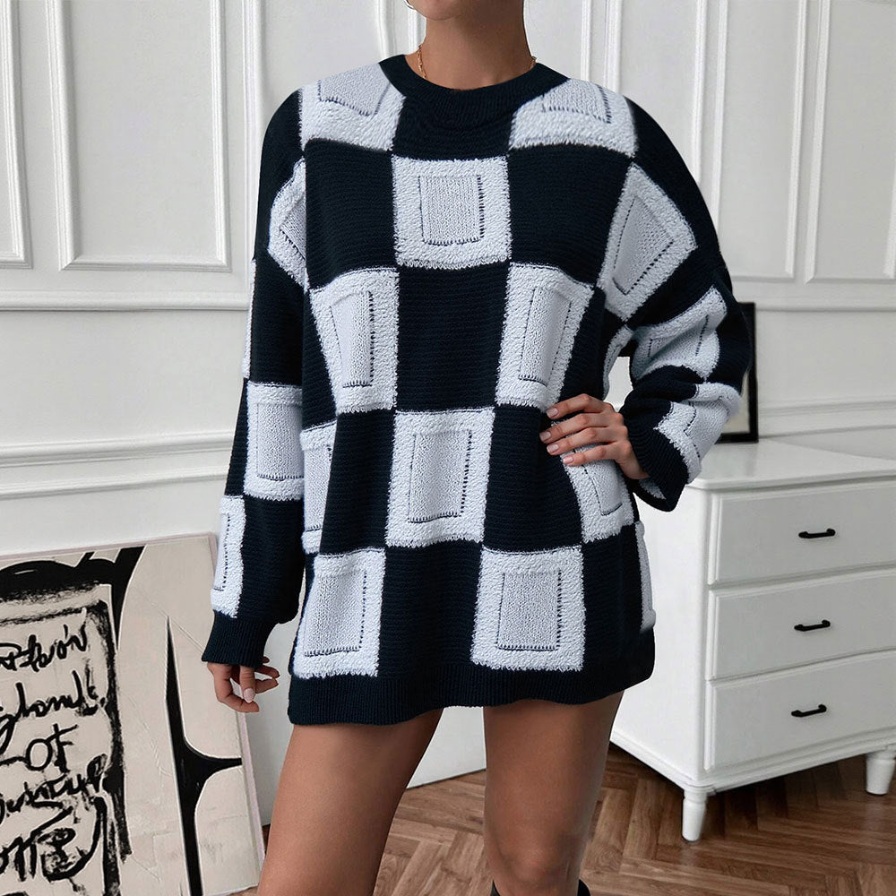 Damen Oversized Pullover Geometrisches Muster Elastisch Beige - Norvielle