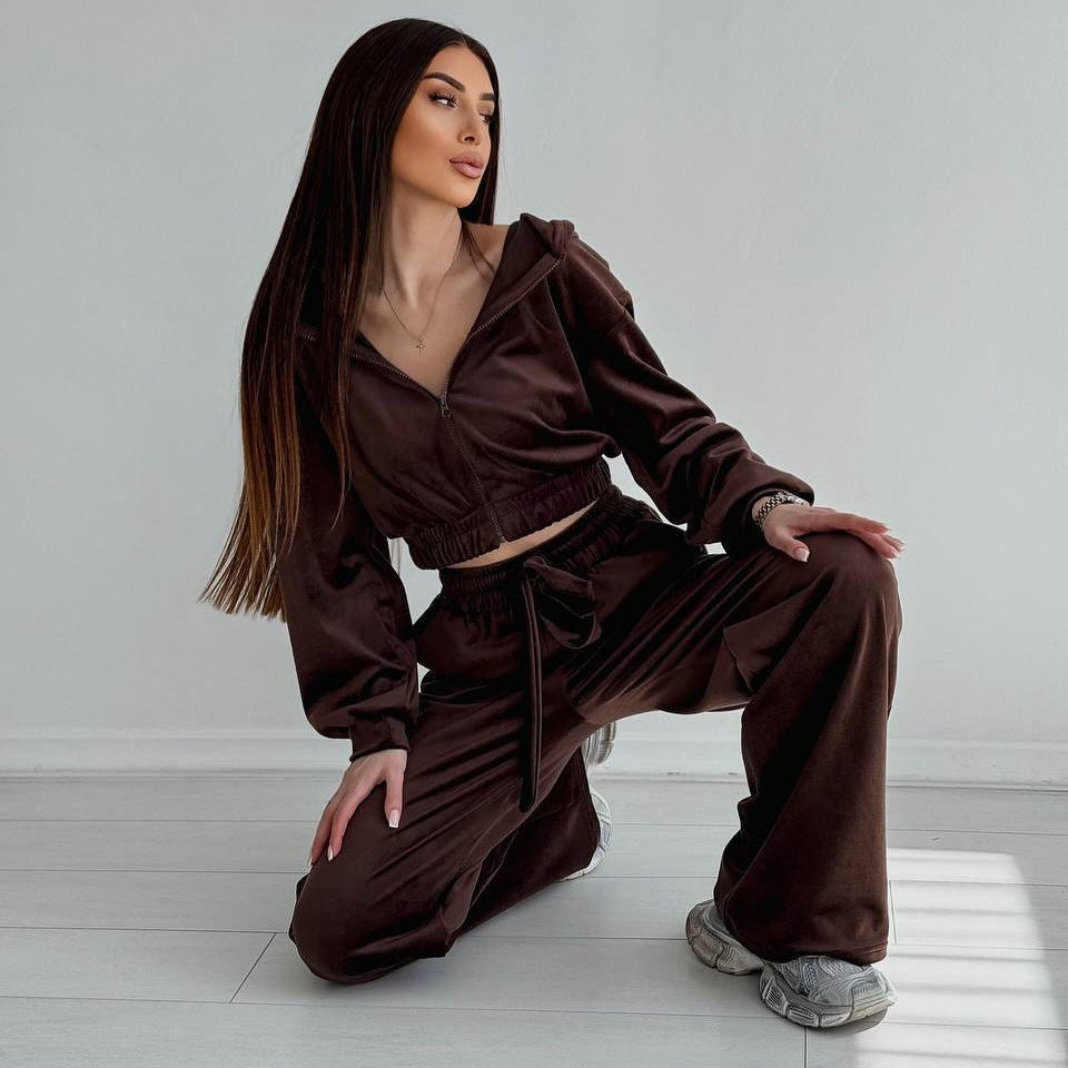 Damen Velours Freizeitanzug Cropped Oberteil Weites Bein - Norvielle