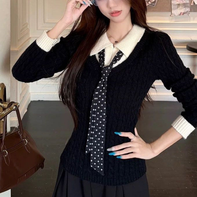 Damen Strickpullover mit Hemdkragen und Krawatte Ribbstruktur