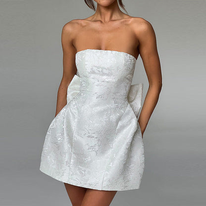 Damen Abendkleid Champagnerfarben Schulterfrei Minikleid Schleife