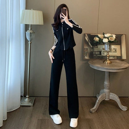 Damen Sportanzug Set Reißverschluss Weite Hose Schwarz - Norvielle