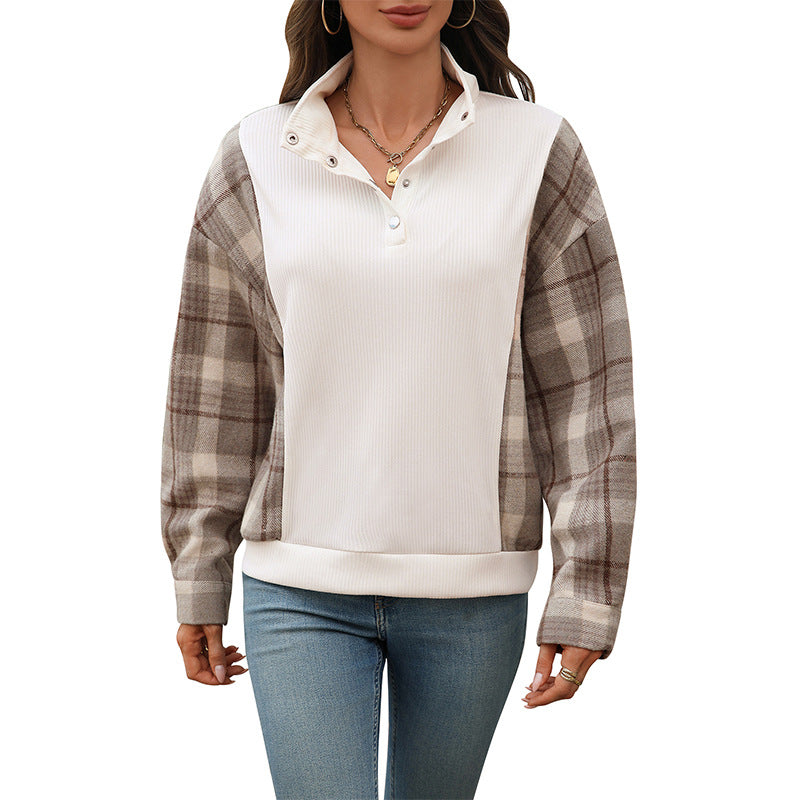 Damen Sweatshirt Karomuster Knopfdetails Norvielle