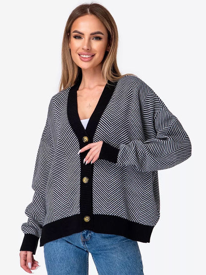Damen Strickcardigan Chevron Muster Elegante Knöpfe Beige