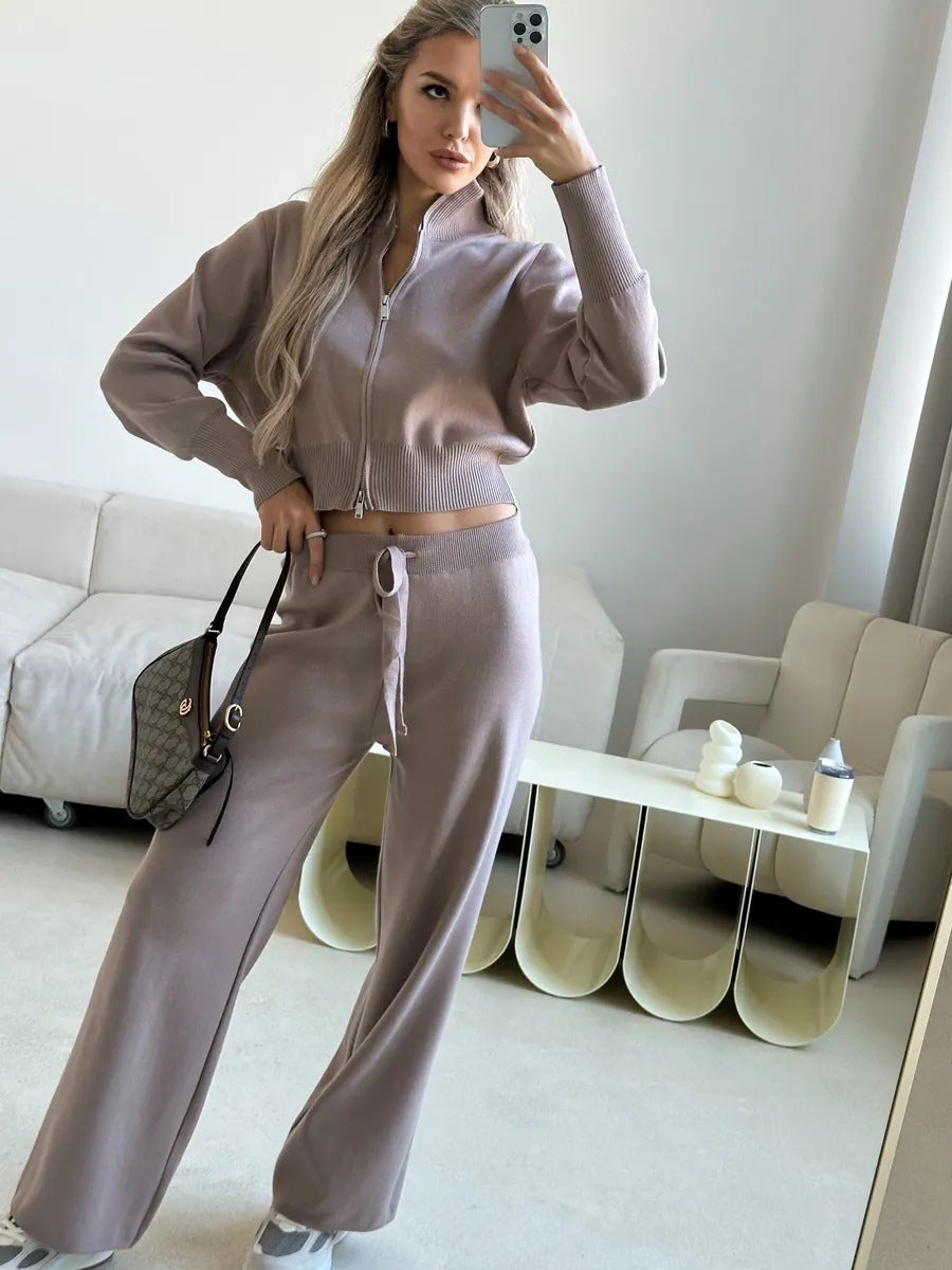 Damen Stricklounge-Set Cropped Oberteil Weite Hose Beige