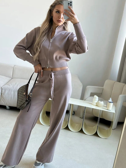 Damen Stricklounge-Set Cropped Oberteil Weite Hose Beige