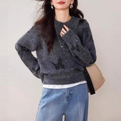 Damen Strickpullover Glitzernde Schmetterlingsapplikationen Norvielle