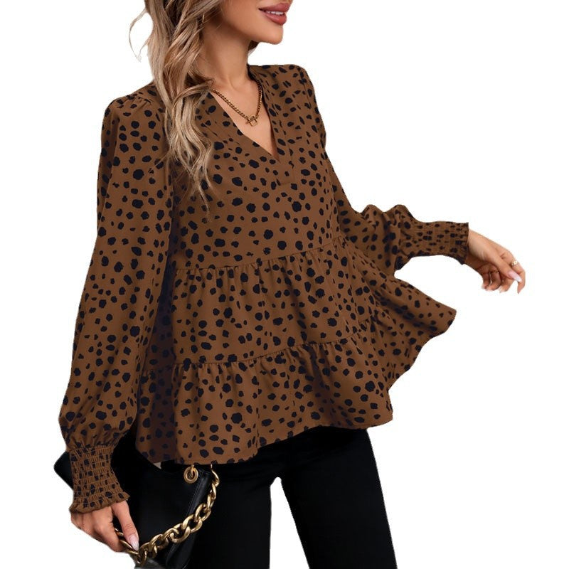Damen Bluse aus Leinen mit Rüschendetails und Punkten Weiß