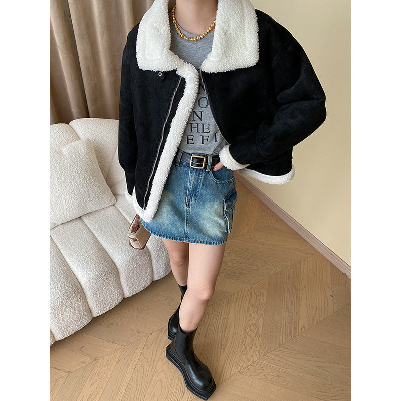 Damen Lederjacke Fleece-Innenfutter Reverskragen