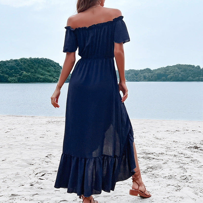 Damen Maxikleid Schulterfrei Knöpfe Vorne Norvielle