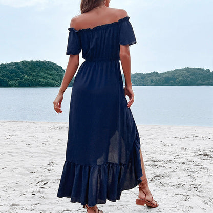 Damen Maxikleid Schulterfrei Knöpfe Vorne Norvielle