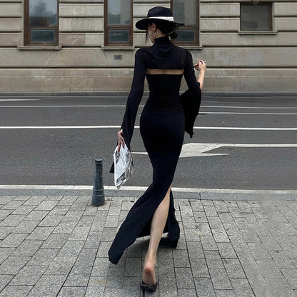 Damen Maxikleid Asymmetrischer Cut-Out Puffärmel Elegant Norvielle