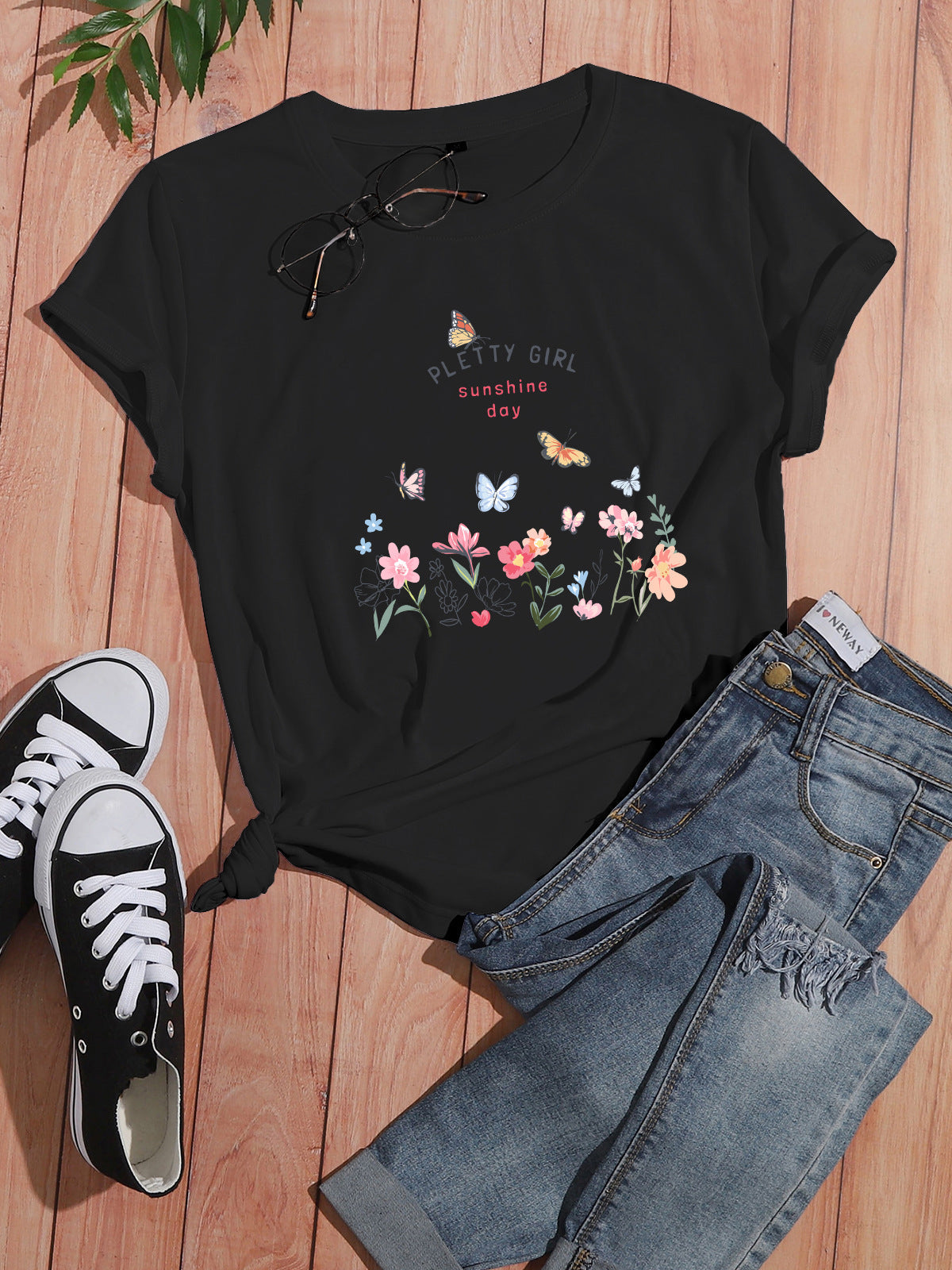 Damen T-Shirt Blumendruck Weiß