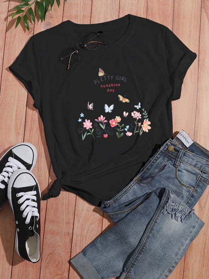 Damen T-Shirt Blumendruck Weiß