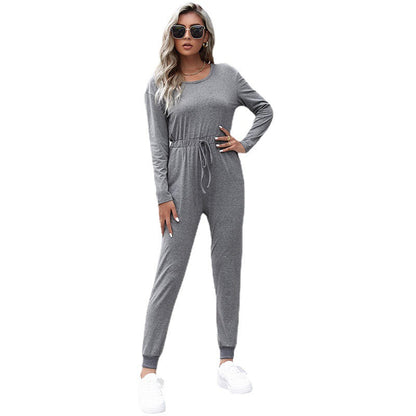 Damen Jumpsuit Elastischer Bund Kordelzug Beige