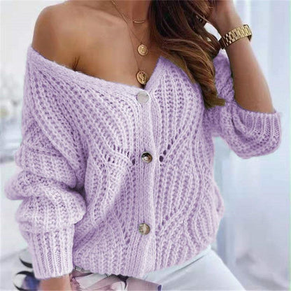 Damen Cardigan Offen Grobstrick Dekorative Knöpfe Beige