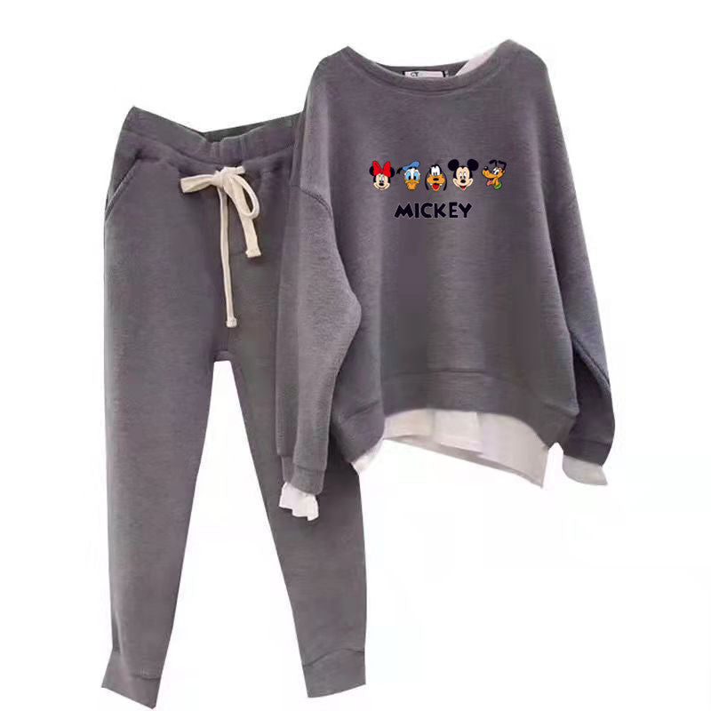 Damen Sweatset Mickey Motiv Baumwolle Lässig Grau