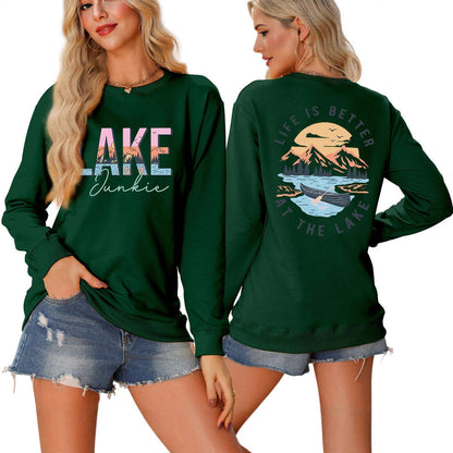 Damen Langarmshirt Lake-Motiv Leicht Lässig Weiß