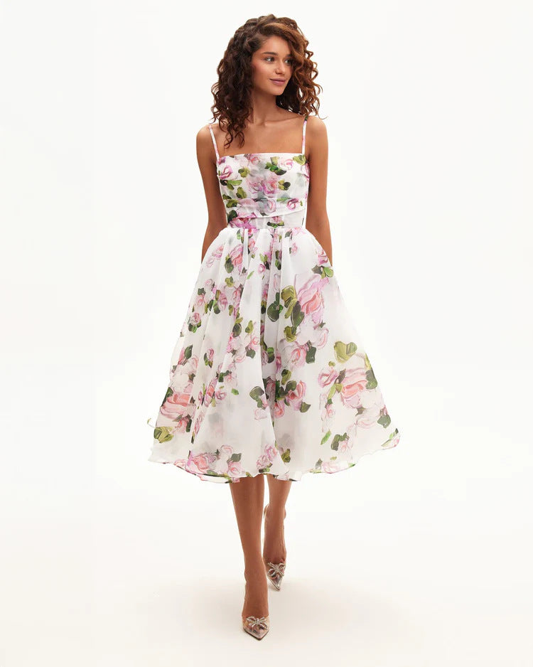 Damen Midi-Kleid Florales Chiffon Mit Taillengürtel