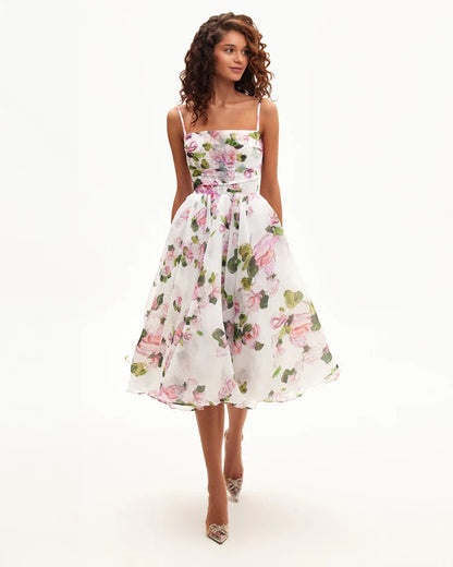 Damen Midi-Kleid Florales Chiffon Mit Taillengürtel