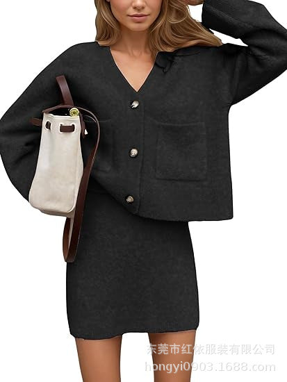 Damen Strickensemble V-Ausschnitt Knopfdetail Norvielle