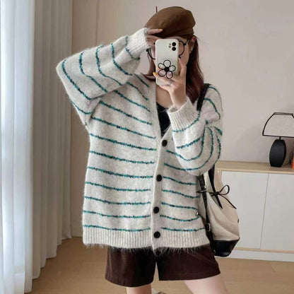 Damen Grobstrickcardigan Kontraststreifen Weich Ärmel Norvielle - Norvielle