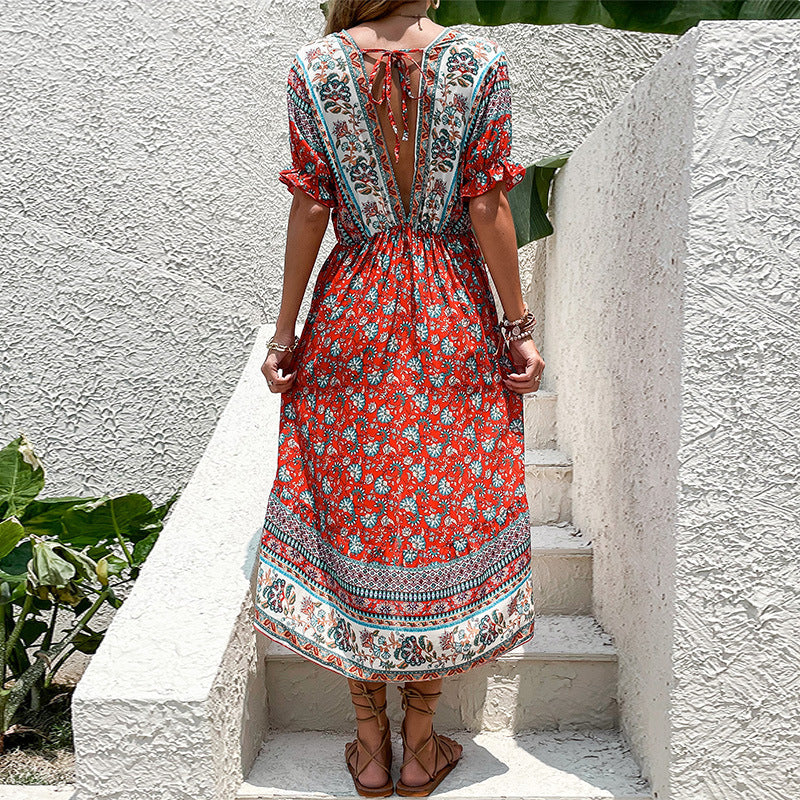 Damen Maxi-Kleid Floralmuster Asymmetrisch