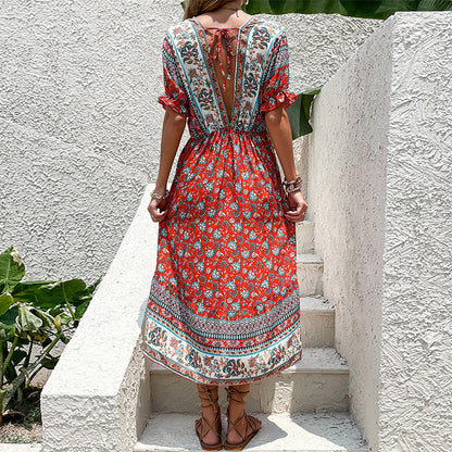 Damen Maxi-Kleid Floralmuster Asymmetrisch
